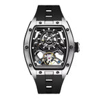 Luxury skeletonized racing-inspired watch with tonneau case, openwork dial, and black strap