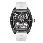 Luxury racing-inspired skeleton watch with black tonneau case and white silicone strap