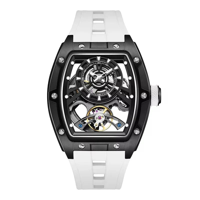 Luxury racing-inspired skeleton watch with black tonneau case and white silicone strap