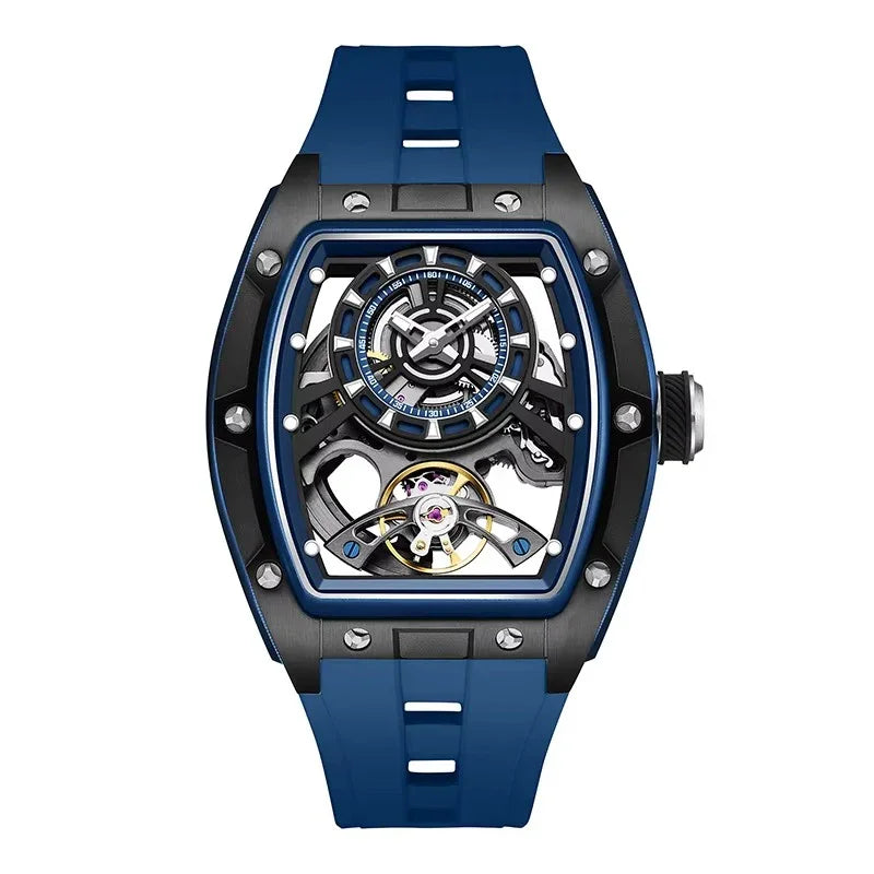 Blue tonneau skeleton watch with openwork dial, bold screws, motorsport-inspired design