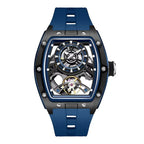 Blue tonneau skeleton watch with openwork dial, bold screws, motorsport-inspired design