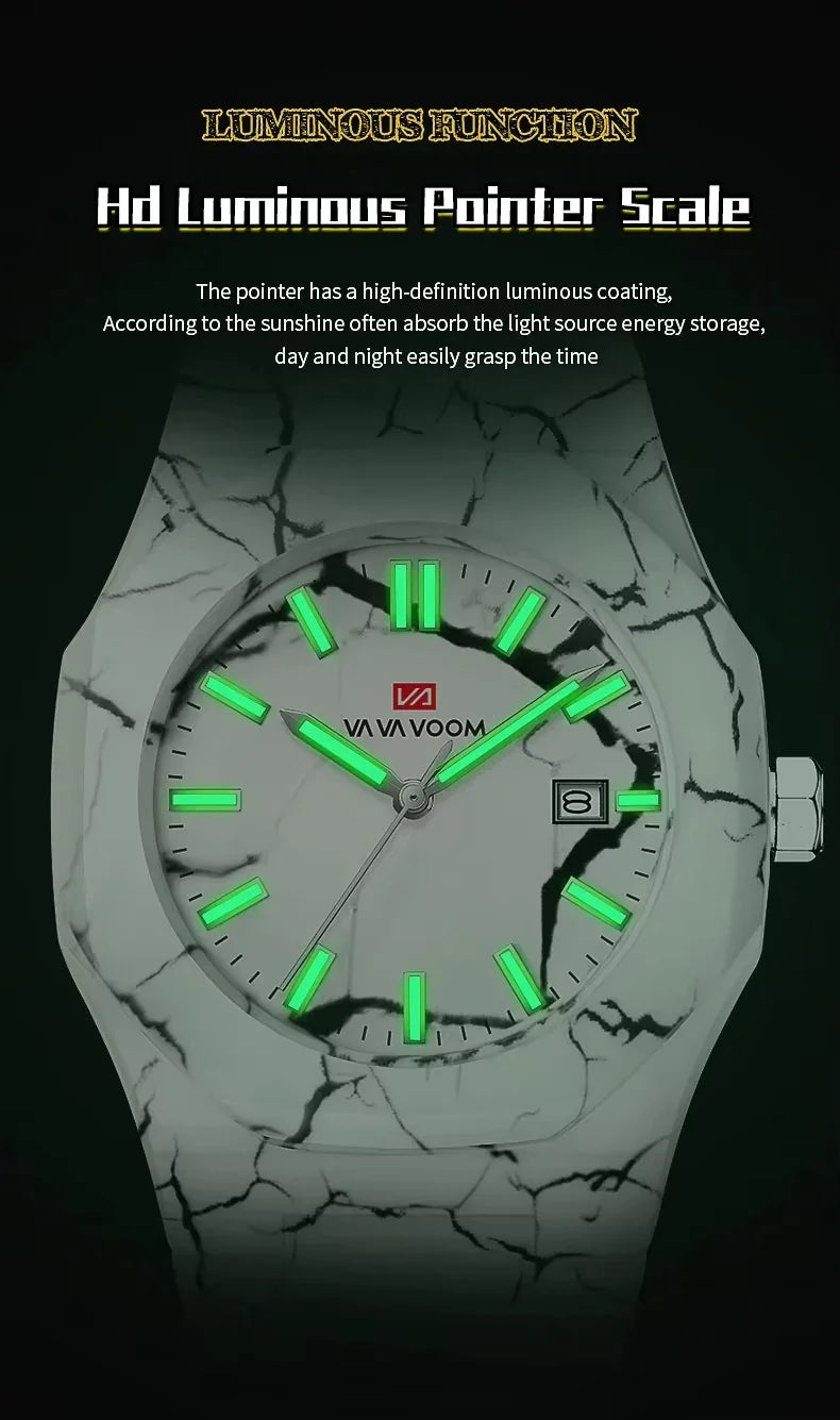Marble watch with luminous green hands and markers, motorsport-inspired sport-luxury style
