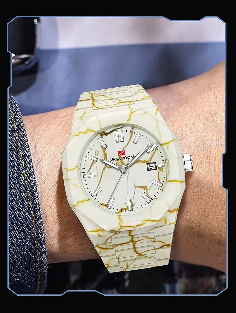 White marble-pattern racing-inspired luxury watch with gold veining, worn on wrist
