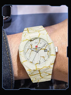 White marble-pattern racing-inspired luxury watch with gold veining, worn on wrist