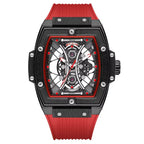 Racing-inspired luxury skeleton watch with red rubber strap, tonneau case, and exposed gears