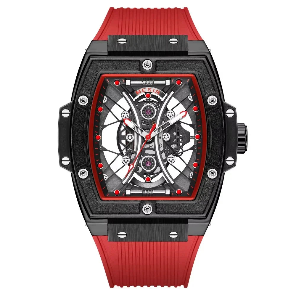 Racing-inspired luxury skeleton watch with red rubber strap, tonneau case, and exposed gears