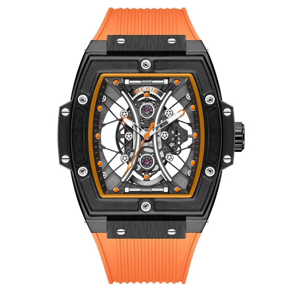 Motorsport-inspired sport luxury watch with skeleton dial, orange accents, and rubber strap