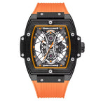 Motorsport-inspired sport luxury watch with skeleton dial, orange accents, and rubber strap