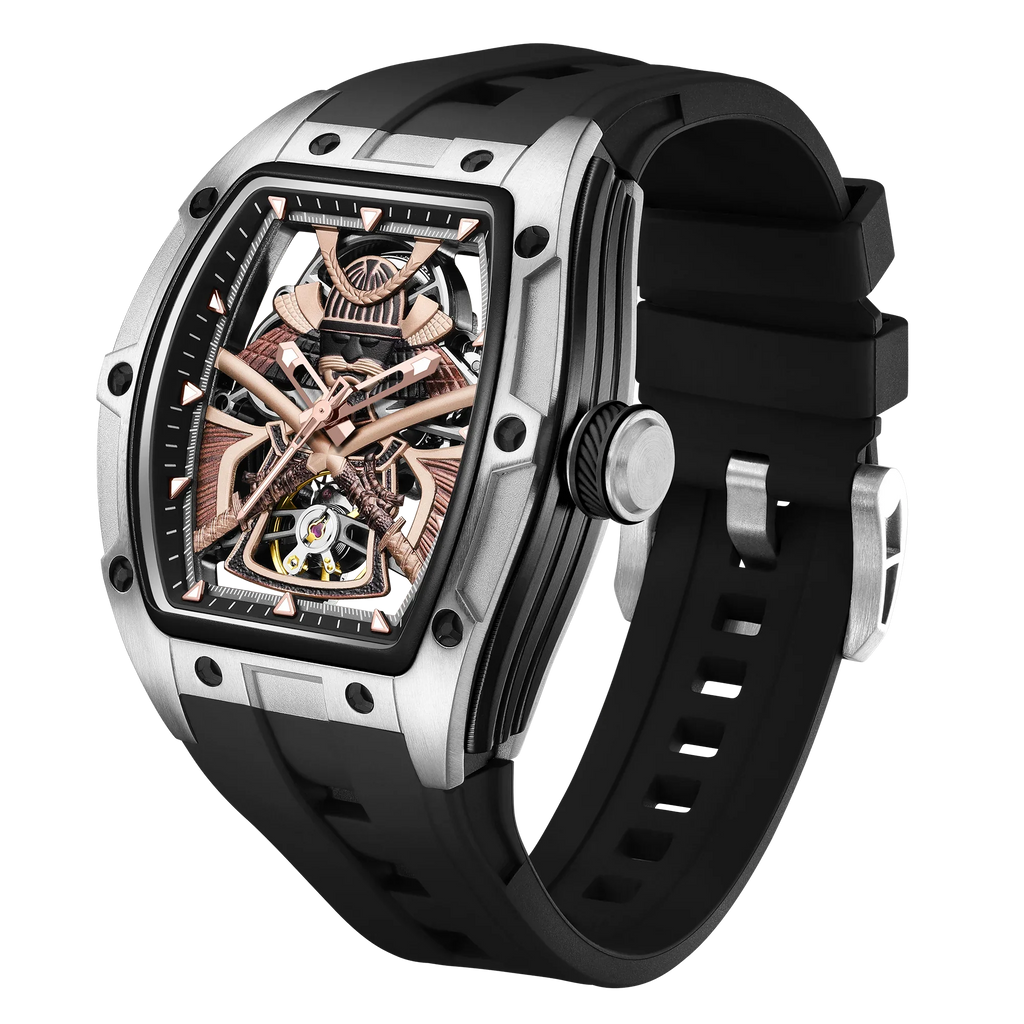 Luxury sport-inspired tonneau skeleton watch with exposed mechanics and black rubber strap