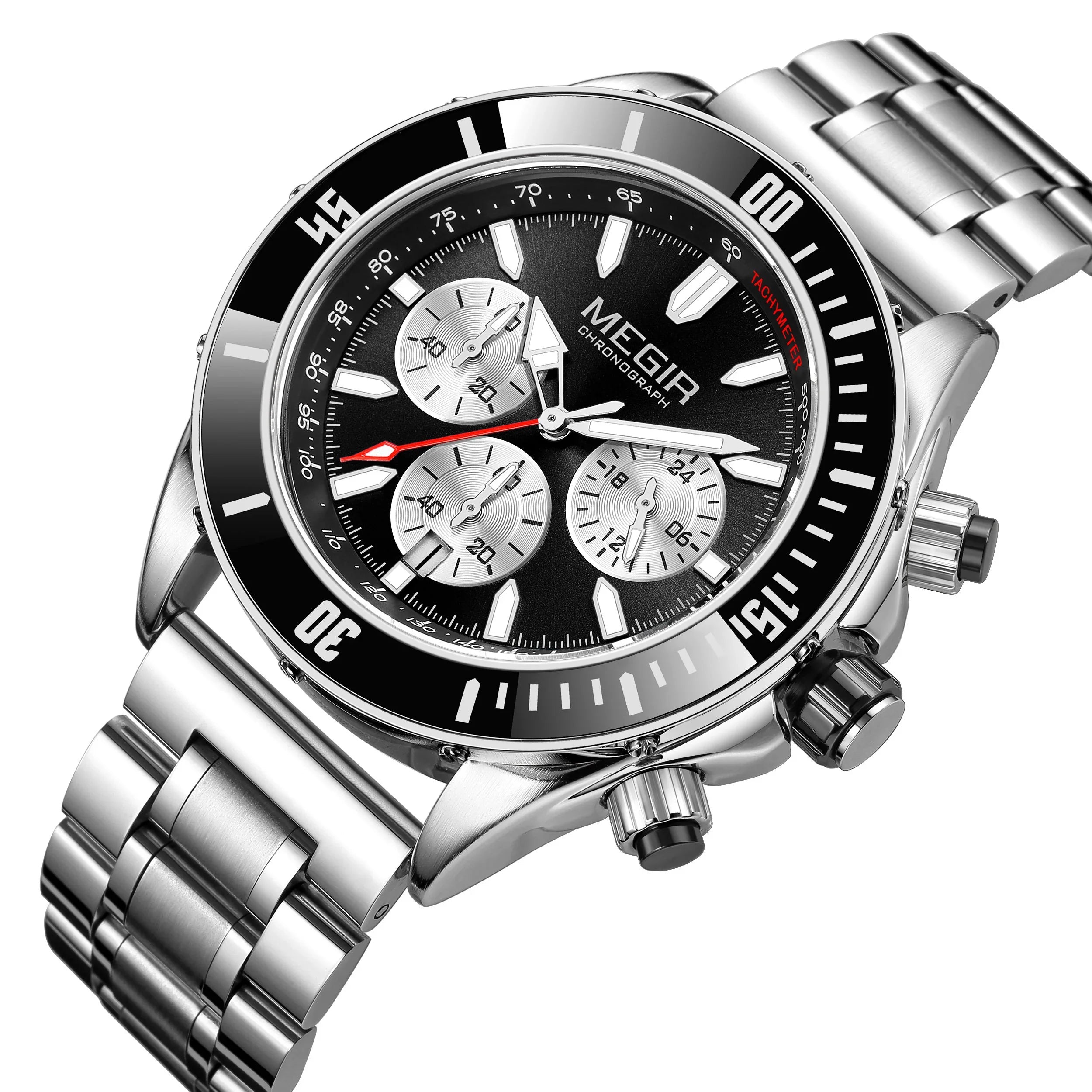 Luxury sport chronograph watch with black dial, silver subdials, and stainless steel bracelet