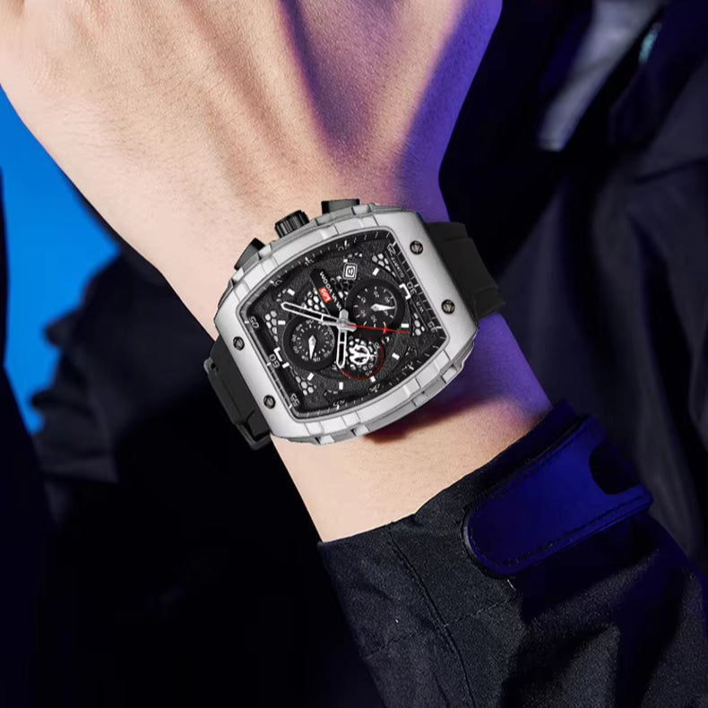 Luxury chronograph watch with carbon fiber case, bold motorsport design, sport-luxury style for everyday wear