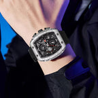 Luxury chronograph watch with carbon fiber case, bold motorsport design, sport-luxury style for everyday wear