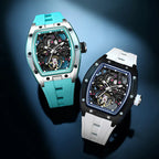 Luxury skeleton watches with tonneau cases, turquoise and white straps, motorsport-inspired design