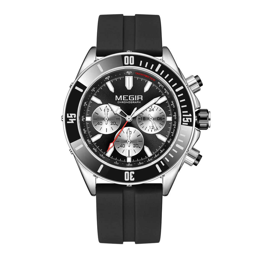 Motorsport-inspired black chronograph watch with tachymeter bezel and black rubber strap