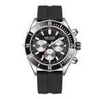 Motorsport-inspired black chronograph watch with tachymeter bezel and black rubber strap