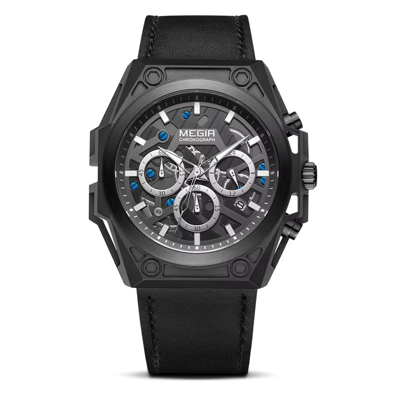 Machined black chronograph watch with blue accents, inspired by motorsport luxury design and bold wrist presence.