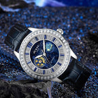 Luxury sport-style watch with blue galaxy dial, gemstone bezel, and black leather strap