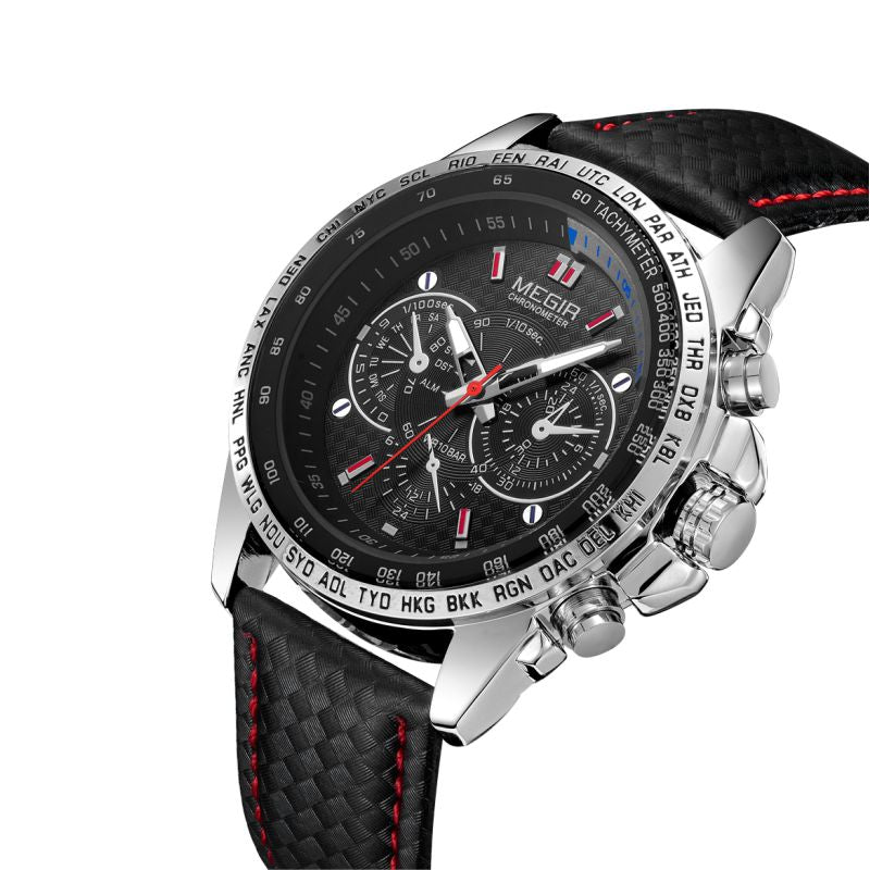 Luxury chronograph watch with carbon fiber strap, tachymeter bezel, and bold motorsport design for everyday wear