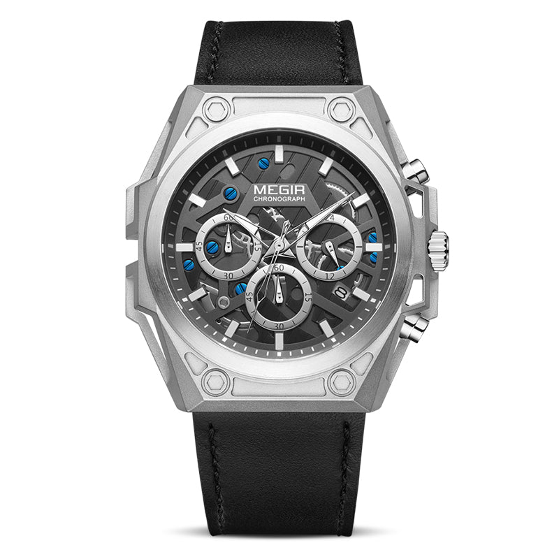 Luxury chronograph watch with bold case, black dial, blue accents, and leather strap — motorsport-inspired design