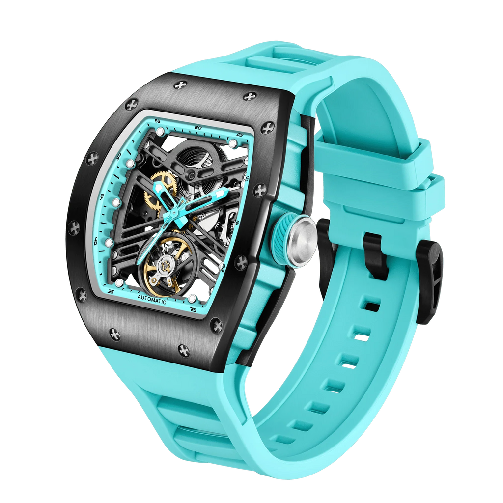Turquoise sport-luxury watch with skeleton dial, bold black bezel, and automatic movement.