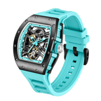 Turquoise sport-luxury watch with skeleton dial, bold black bezel, and automatic movement.