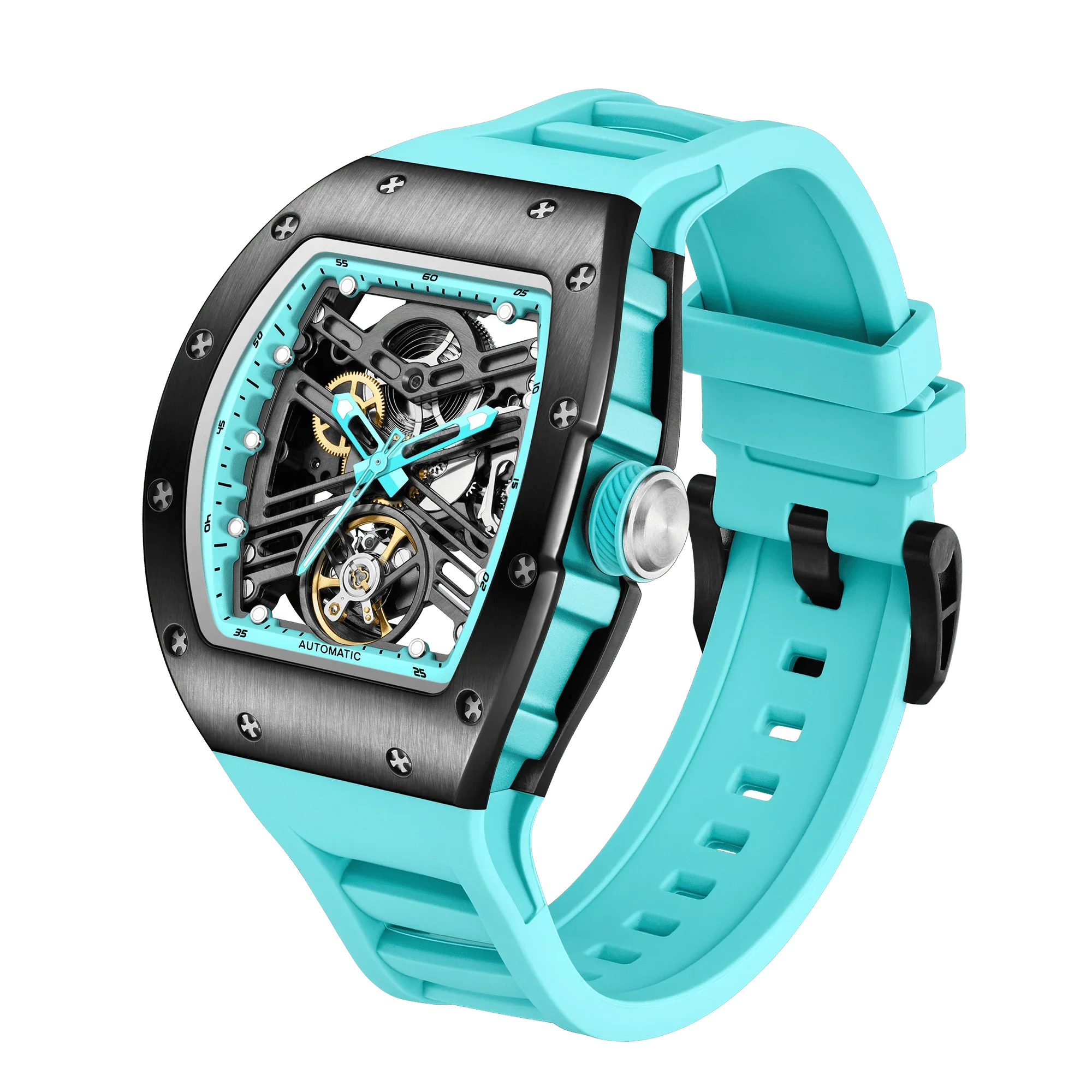 Turquoise sport-luxury watch with skeleton dial, bold black bezel, and automatic movement.