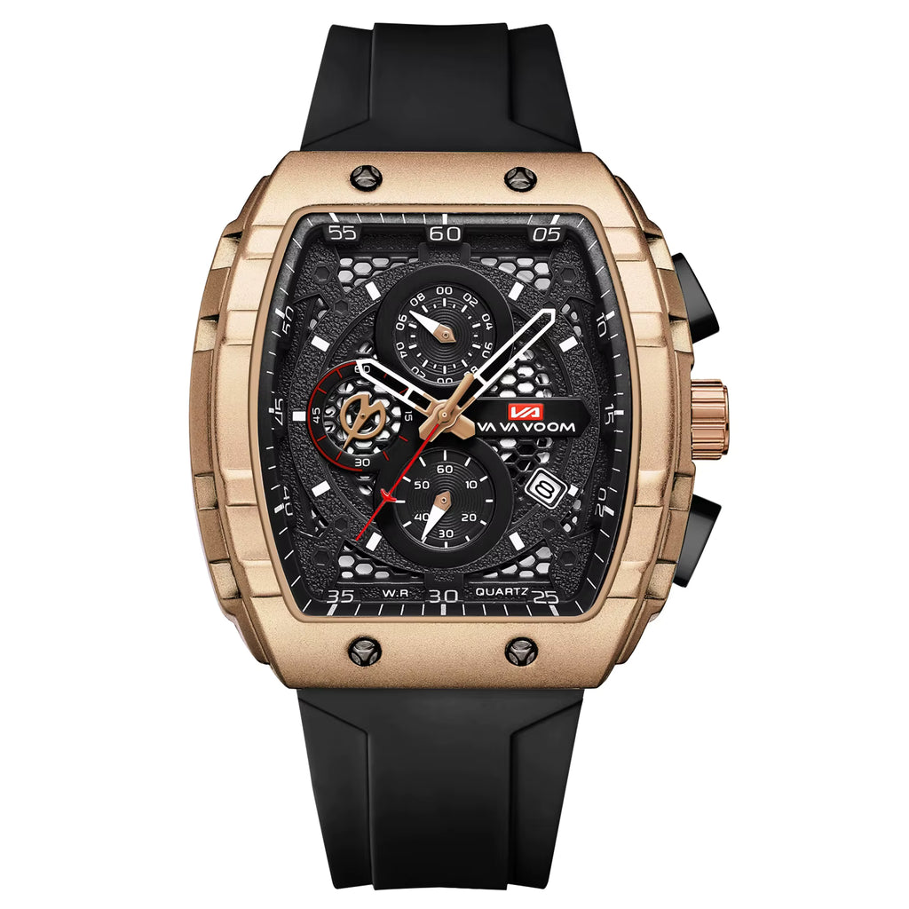 Luxury chronograph watch with gold-tone case, black dial, and rubber strap — motorsport-inspired design
