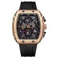 Luxury chronograph watch with gold-tone case, black dial, and rubber strap — motorsport-inspired design