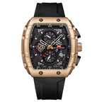 Luxury chronograph watch with gold-tone case, black dial, and rubber strap — motorsport-inspired design
