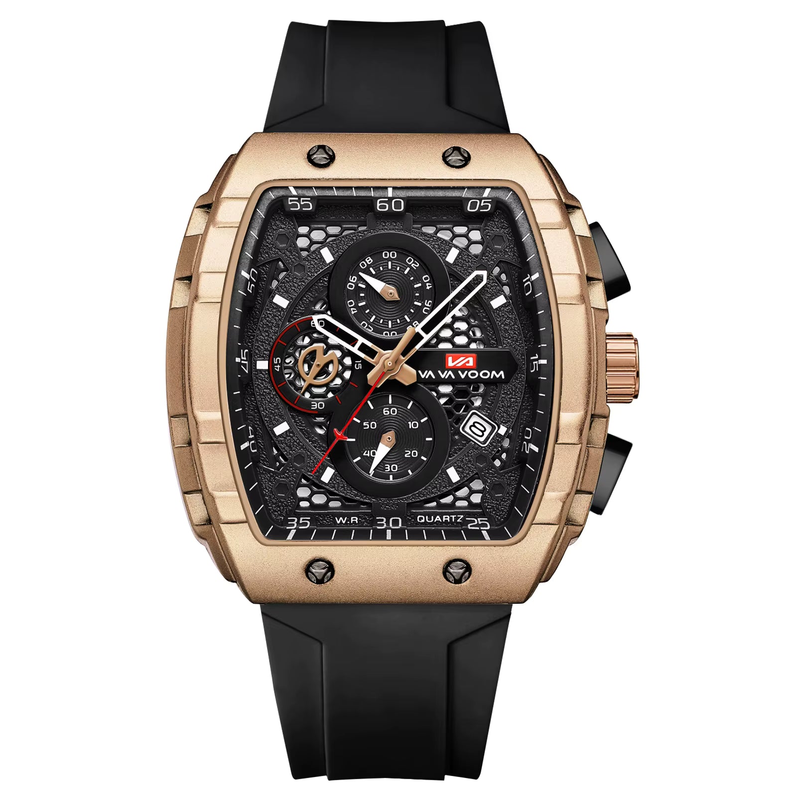 Luxury chronograph watch with gold-tone case, black dial, and rubber strap — motorsport-inspired design