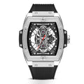 Luxury tonneau-shaped skeleton watch with sporty black rubber strap and exposed mechanics