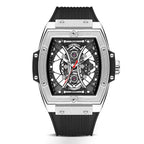 Luxury tonneau-shaped skeleton watch with sporty black rubber strap and exposed mechanics