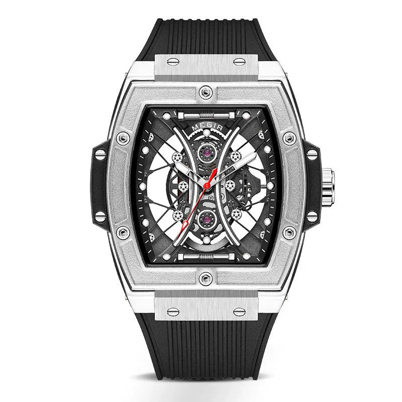 Luxury tonneau-shaped skeleton watch with sporty black rubber strap and exposed mechanics