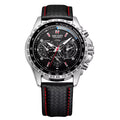 Luxury chronograph watch with black dial, red accents, and textured strap — motorsport-inspired design