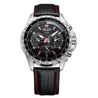 Luxury chronograph watch with black dial, red accents, and textured strap — motorsport-inspired design