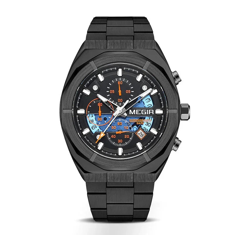 Black sport-luxury chronograph watch with bold markers, orange accents, and metal bracelet