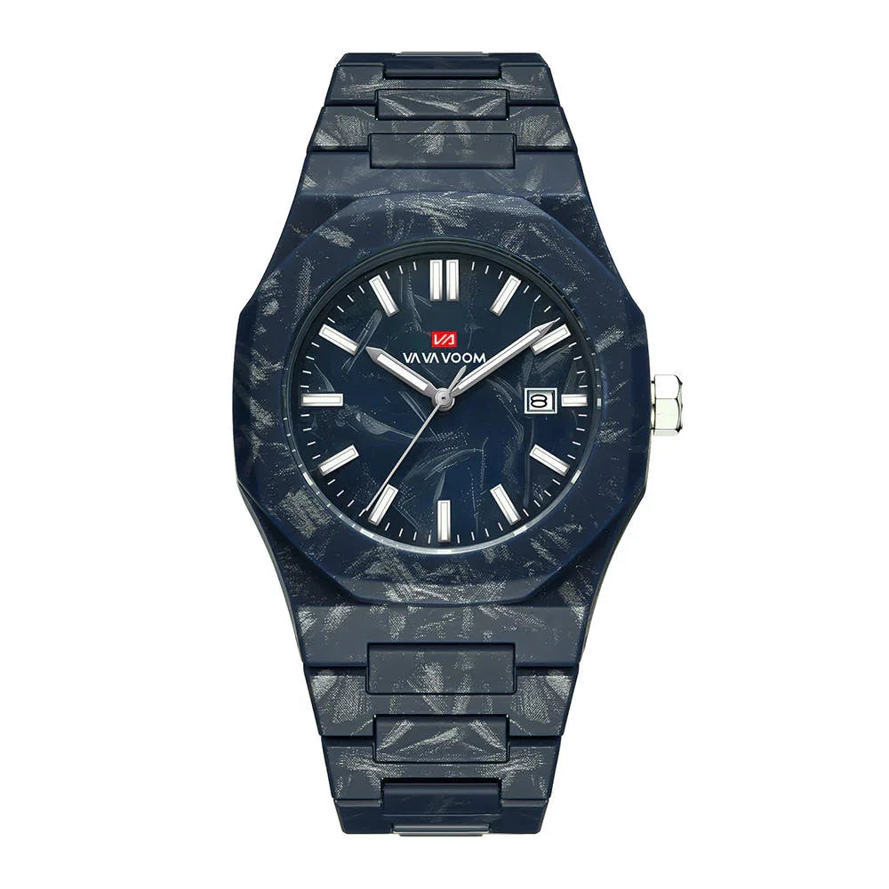 Luxury sport-inspired watch with marbled carbon fiber case, bold markers, and date display