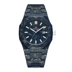 Luxury sport-inspired watch with marbled carbon fiber case, bold markers, and date display