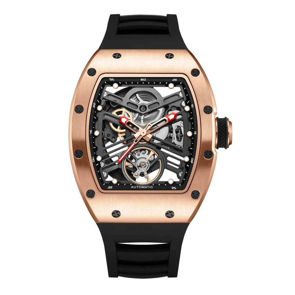 Luxury motorsport-inspired skeleton watch with rose gold case, visible gears, and black strap