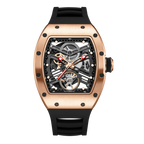 Luxury motorsport-inspired skeleton watch with rose gold case, visible gears, and black strap