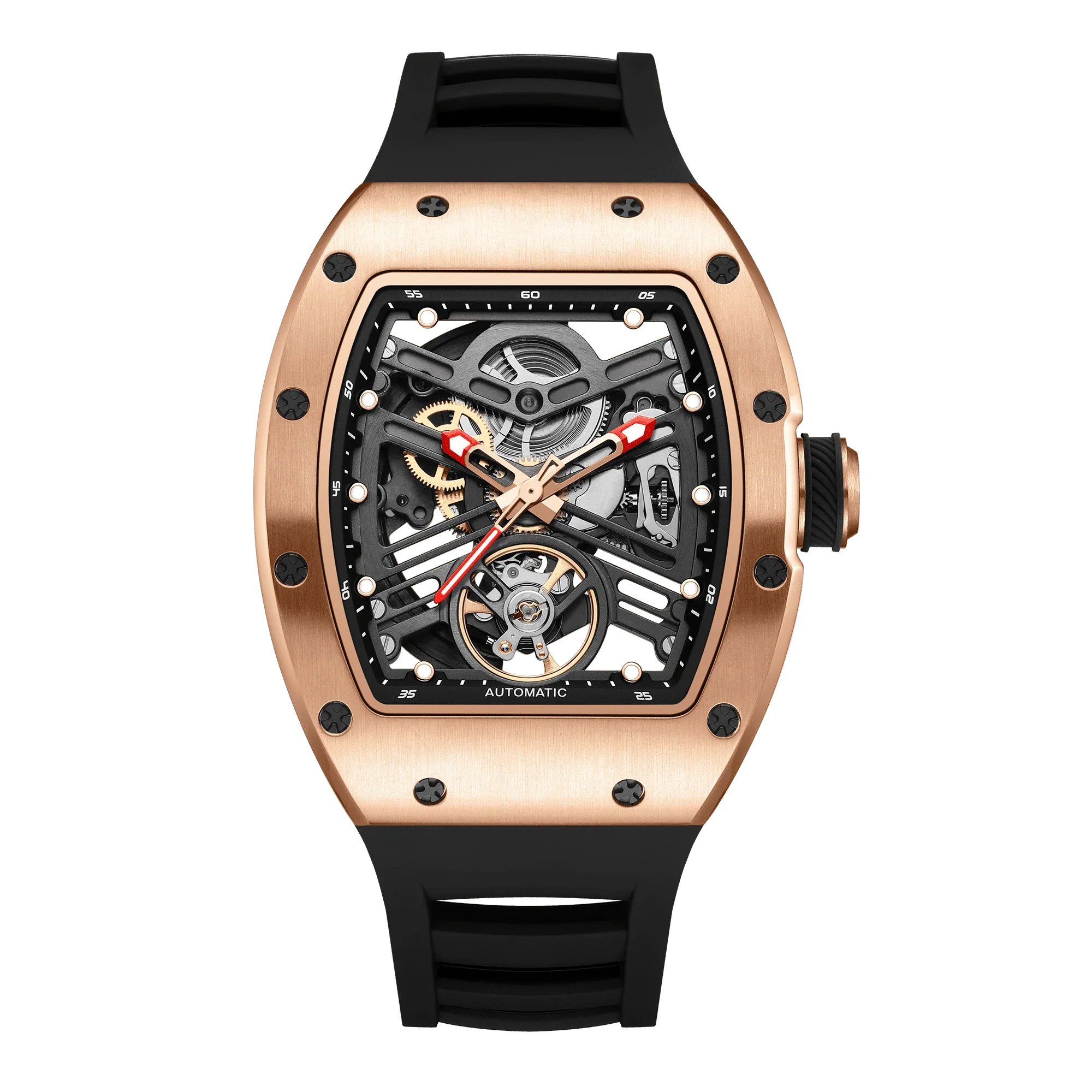 Luxury motorsport-inspired skeleton watch with rose gold case, visible gears, and black strap