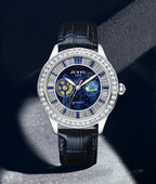 Luxury automatic watch with starry sky dial, gemstone bezel, and black leather strap
