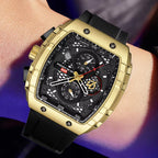 Luxury gold chronograph watch with black dial, bold motorsport design, and rubber strap for everyday wear.
