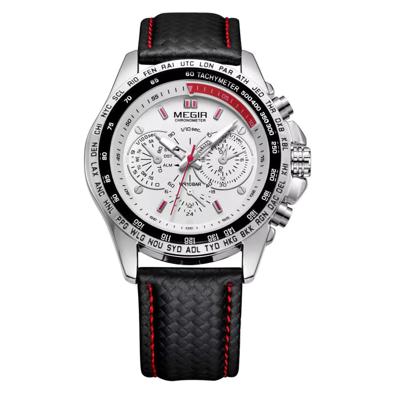 Luxury chronograph watch with tachymeter bezel, black textured strap, red accents, and multi-dial face for sport-luxury style.