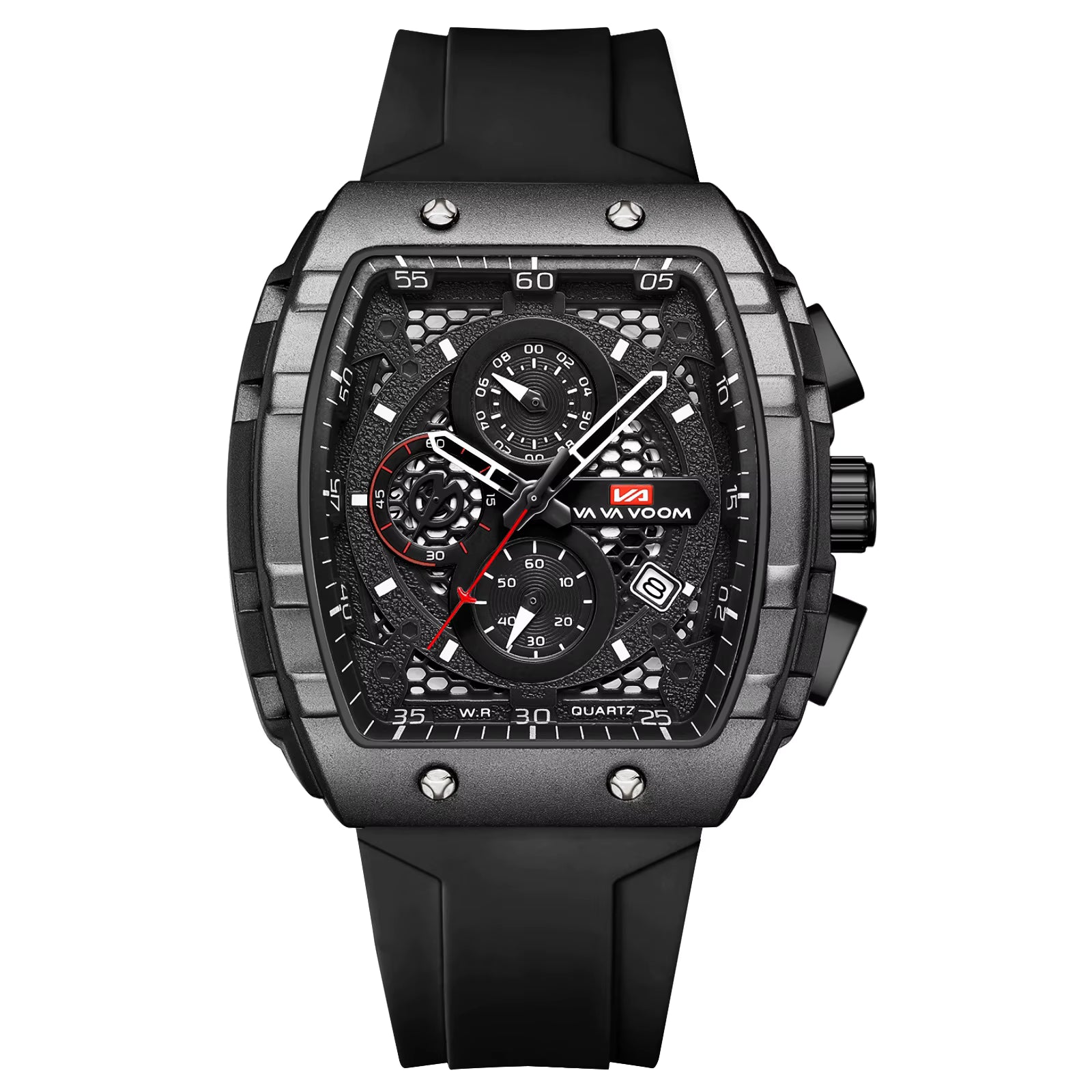 Luxury chronograph watch with bold black case, honeycomb dial, and sporty rubber strap for everyday wear