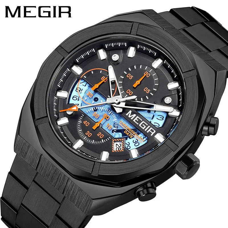 Black racing-inspired chronograph watch with bold markers, blue details, and sporty orange accents