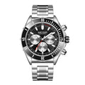 Stainless steel racing-inspired chronograph watch with black dial, tachymeter bezel, and subdials