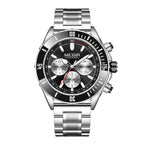 Stainless steel racing-inspired chronograph watch with black dial, tachymeter bezel, and subdials