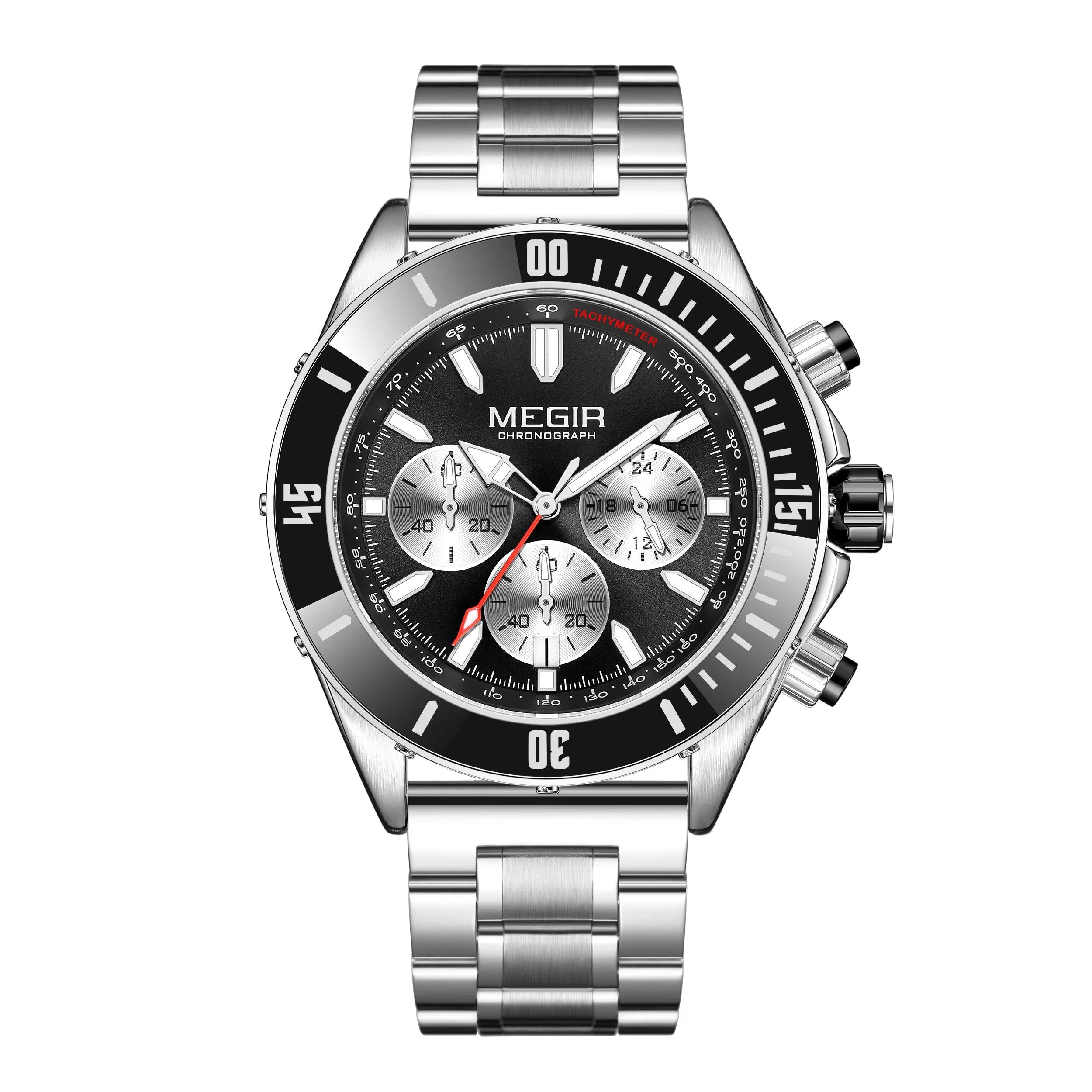 Stainless steel racing-inspired chronograph watch with black dial, tachymeter bezel, and subdials
