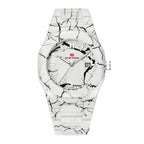 White marble-patterned luxury watch with date display and bold sport-inspired design